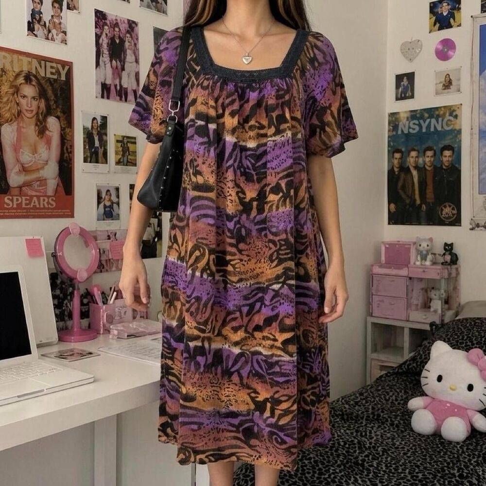 Vintage Daffodil by Loungees Animal Print Midi Dress Medium Crochet Kaftan Mumu